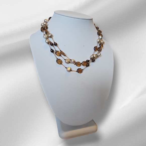Three Strand Fresh Water Pearl & Smoky Quartz Necklace.